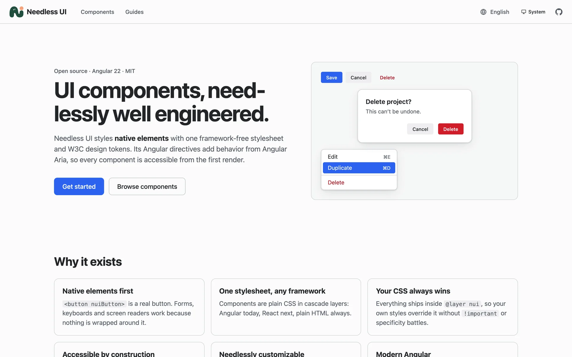 The Needless UI website: “UI components, needlessly well engineered.” next to example buttons, a confirmation dialog and a menu.