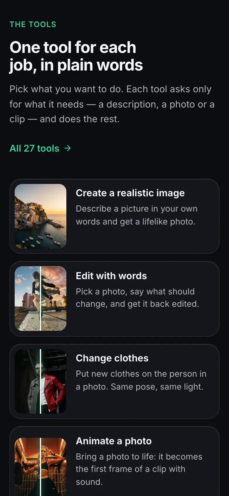 GenVista Green in a phone’s browser: its tools one under another, starting with create a realistic image, edit with words, change clothes and animate a photo.