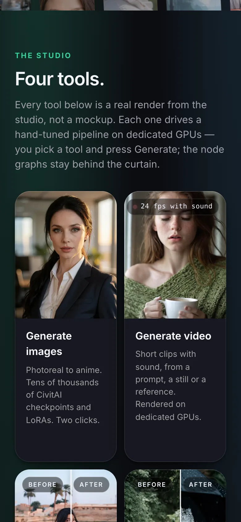 The GenVista website on a phone: the four tools, each with a real render from the studio.