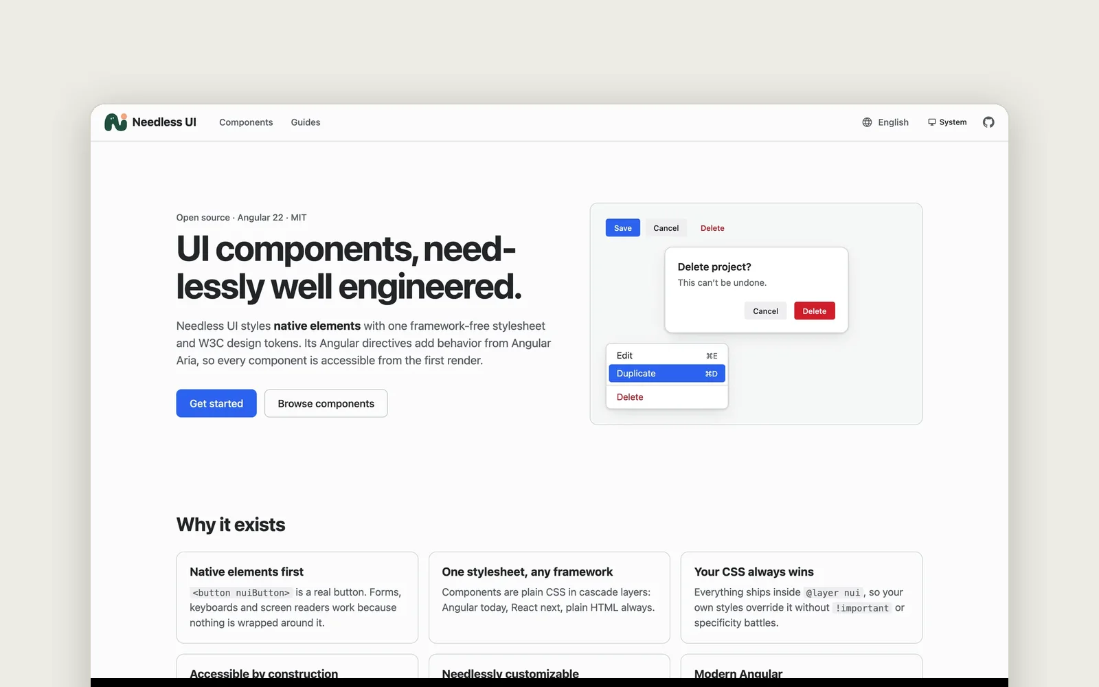The Needless UI documentation: “UI components, needlessly well engineered.” with example components.