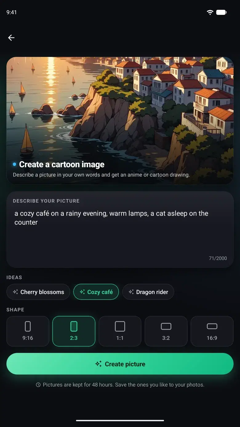 Creating a cartoon picture in GenVista Pictures: the description “a cozy café on a rainy evening”, ideas to start from and picture shapes from 9:16 to 16:9.