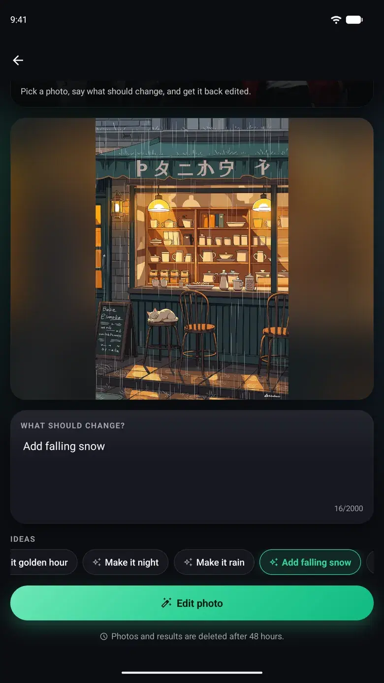 Edit with words in GenVista Pictures: a drawing of a café with the instruction “Add falling snow”, and ideas like make it night or make it rain.