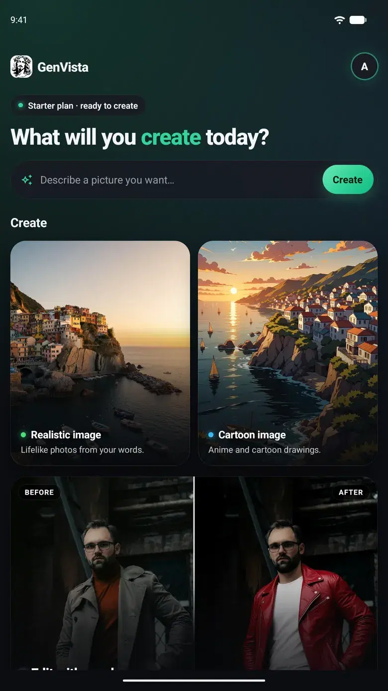 GenVista Pictures’ home screen: a box to describe a picture, then Create a realistic image, Create a cartoon image and Edit with words.