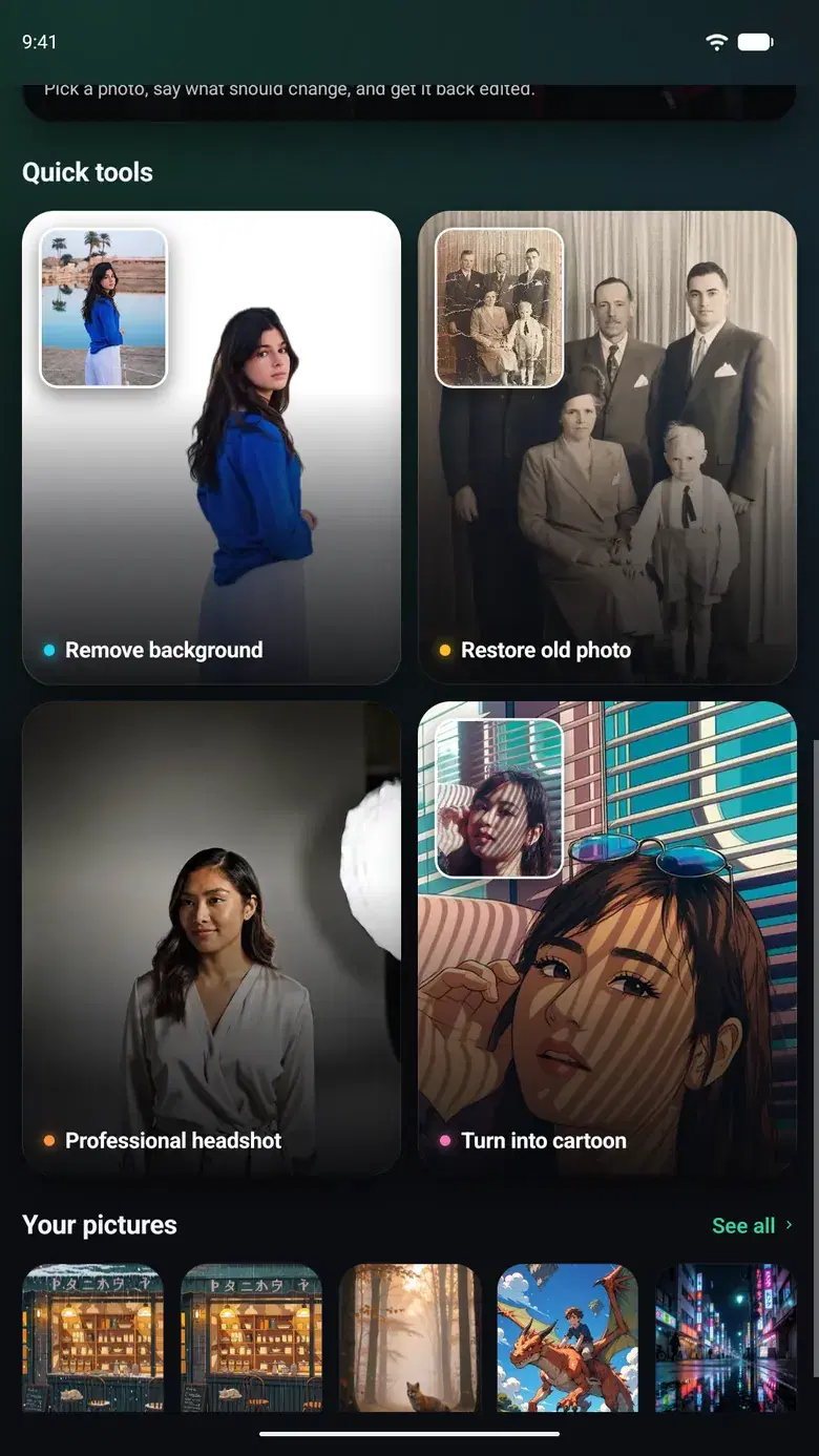 GenVista Pictures’ quick tools: remove background, restore old photo, professional headshot and turn into cartoon, above the pictures you made.
