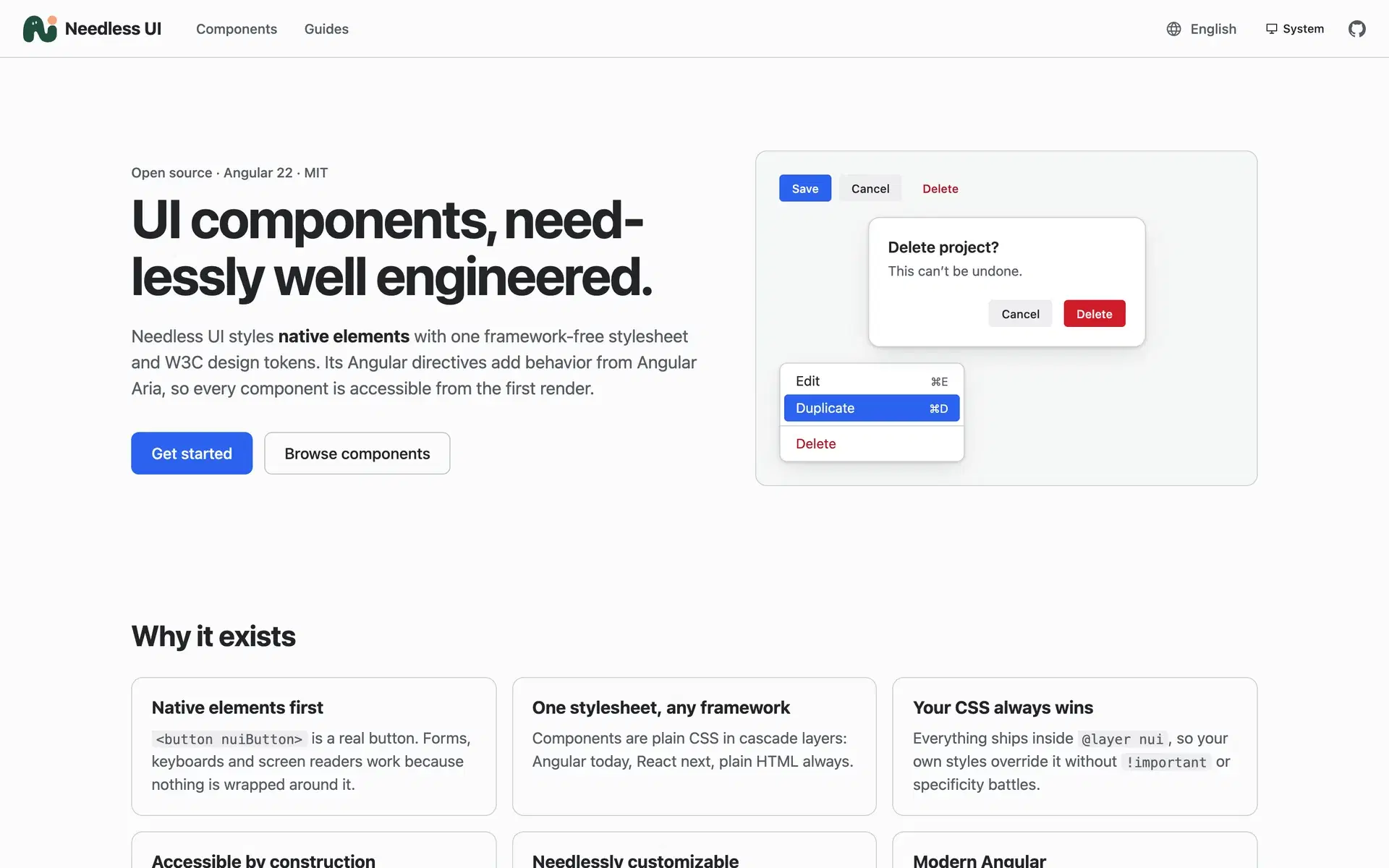 The Needless UI website: “UI components, needlessly well engineered.” next to example buttons, a confirmation dialog and a menu.