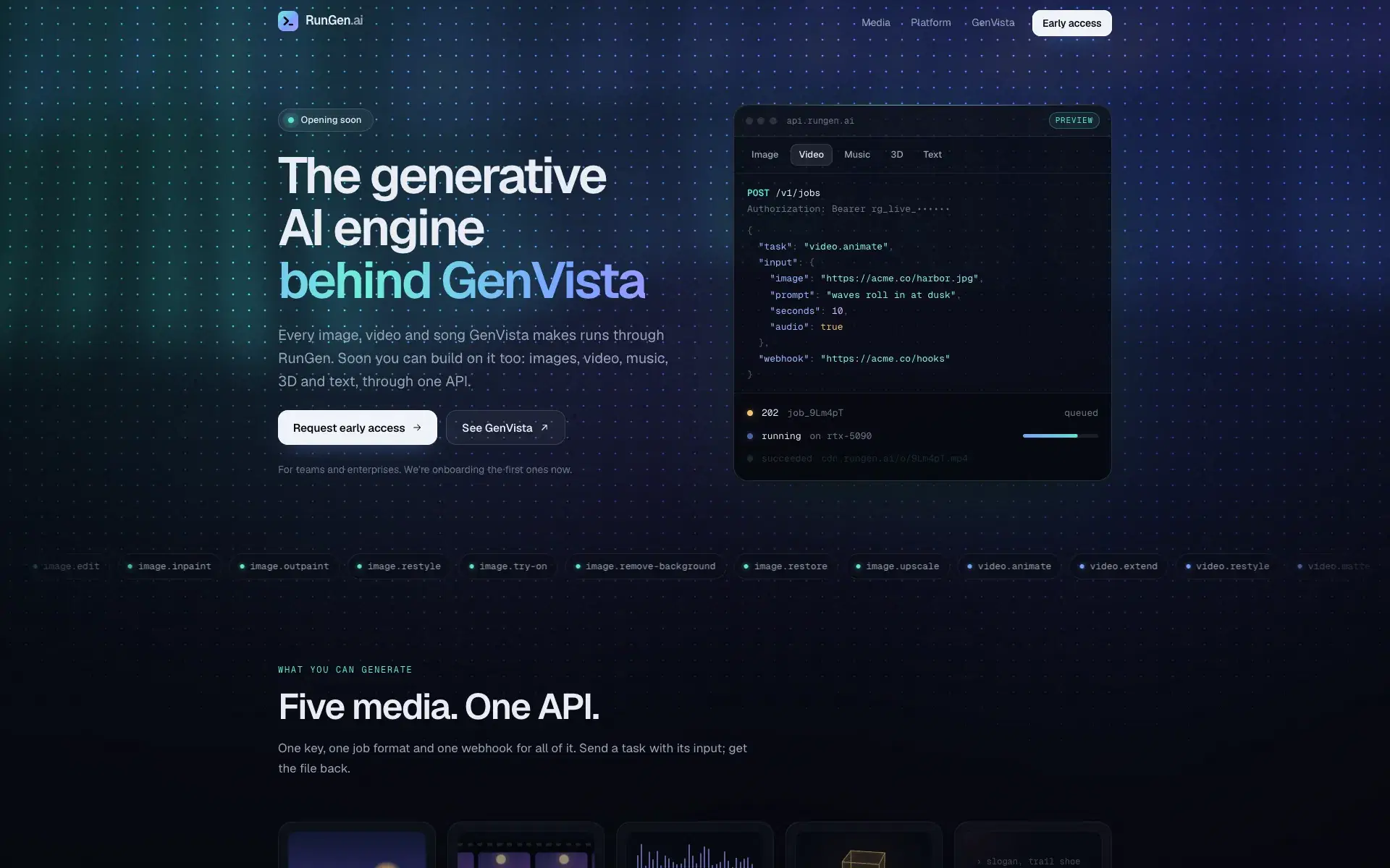 The RunGen.ai website: “The generative AI engine behind GenVista”, next to an example API request that animates a photo into a 10-second clip with sound, above a row of tasks from image.edit to video.restyle.